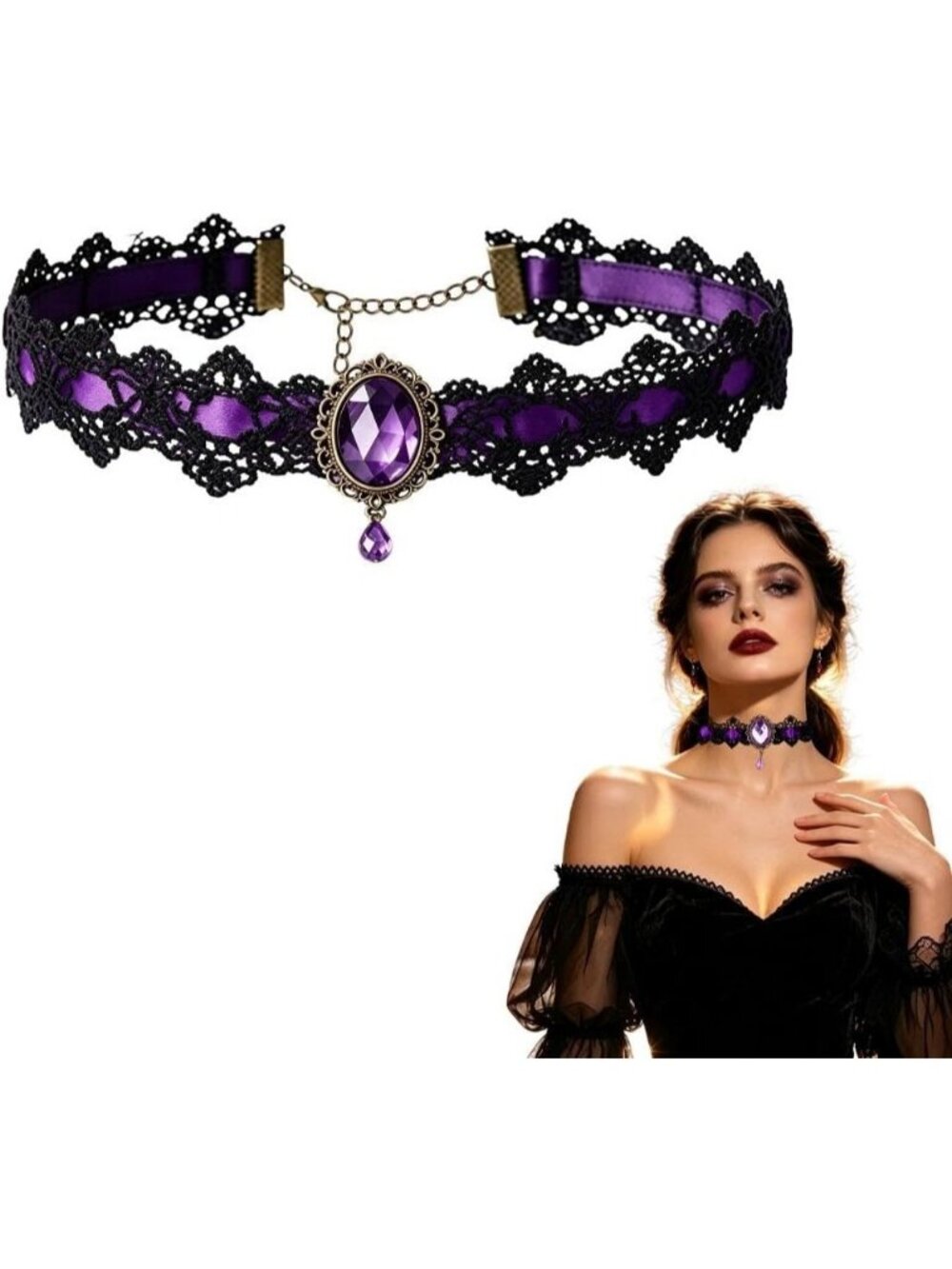 Women's Purple Gothic Lace Choker Adjustable Chain Cosplay Halloween Necklace - Picture 2 of 2